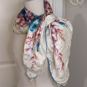 Vintage 60 Mitsukoshi Silk Scarf Turquoise Brown Watercolor Floral Hand Rolled